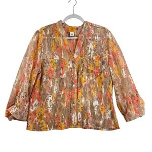 Ruby Rd Womens Blouse Sz 16 Multicolor Abstract Print V Neck Button Front Shirt